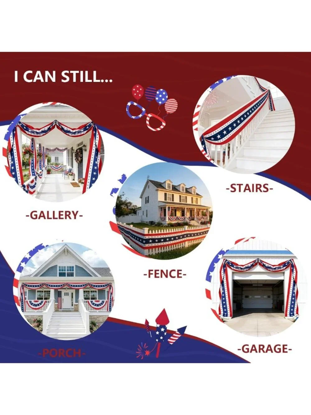 20 Ft Patriotic Bunting Banner with 250 Stars - Red White Blue Decor for 4th of